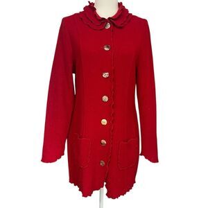 Venario 100% Wool Jacket Red Ruffle Collar Artsy Shell Button Womens Medium
